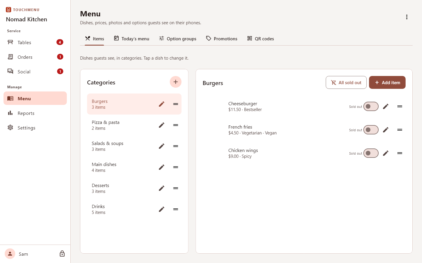 Menu editor with categories and dishes